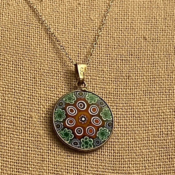 Vintage Jewelry - Beautiful, vintage millefiori pendant on a sterling silver chain